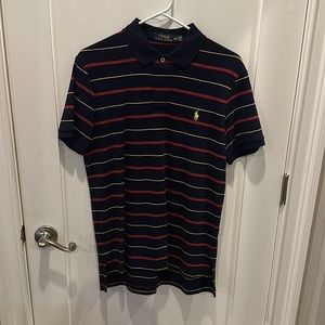 Polo Ralph Lauren navy polo with horizontal yellow, red, green stripes